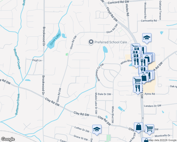 map of restaurants, bars, coffee shops, grocery stores, and more near 1177 Crestbrook Drive in Mableton