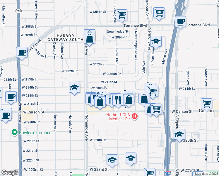 map of restaurants, bars, coffee shops, grocery stores, and more near 1127 West Desford Street in Torrance