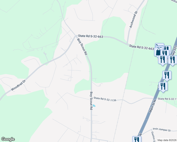 map of restaurants, bars, coffee shops, grocery stores, and more near 347 Boy Scout Road in Gaston