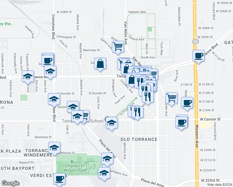 map of restaurants, bars, coffee shops, grocery stores, and more near 1350 Engracia Avenue in Torrance