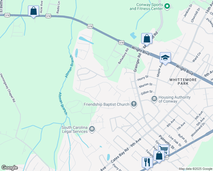 map of restaurants, bars, coffee shops, grocery stores, and more near 1821 Heirloom Drive in Conway