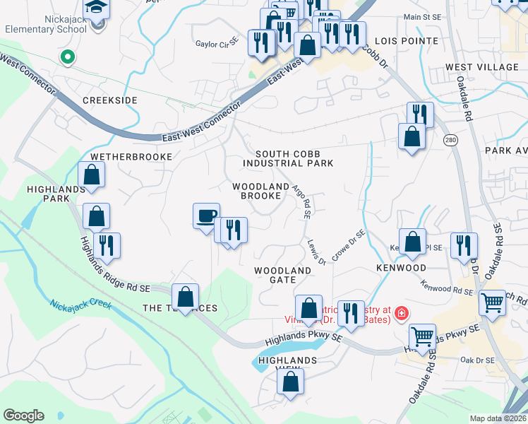 map of restaurants, bars, coffee shops, grocery stores, and more near 4845 Clay Brooke Drive Southeast in Smyrna