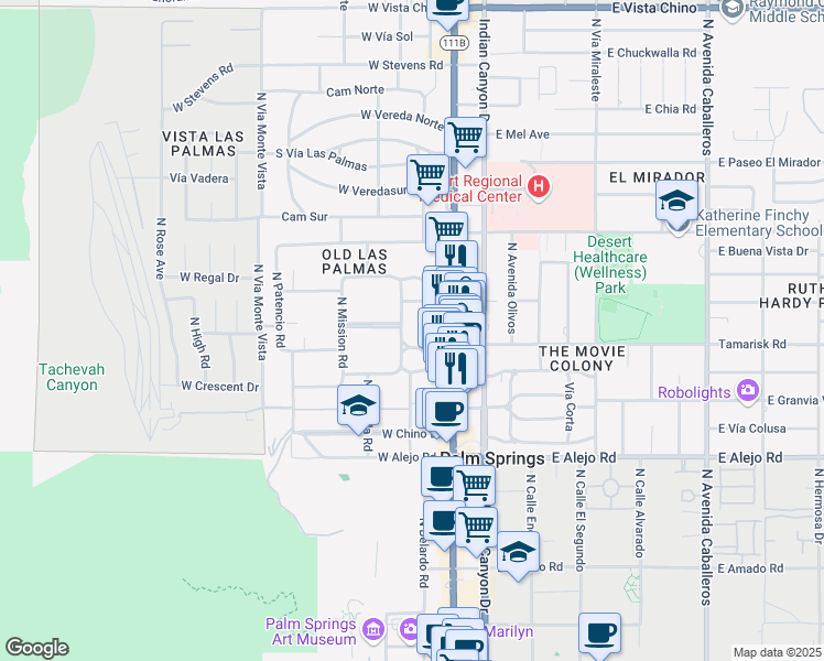 map of restaurants, bars, coffee shops, grocery stores, and more near 840 North Prescott Drive in Palm Springs