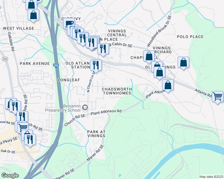 map of restaurants, bars, coffee shops, grocery stores, and more near 2539 Bridlewood Lane Southeast in Atlanta
