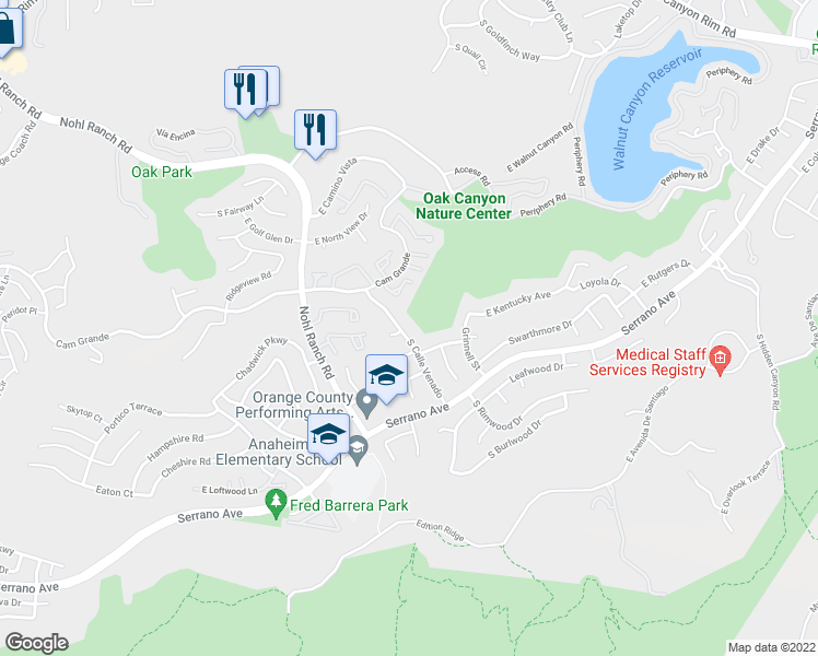 map of restaurants, bars, coffee shops, grocery stores, and more near 868 South Calle Venado in Anaheim