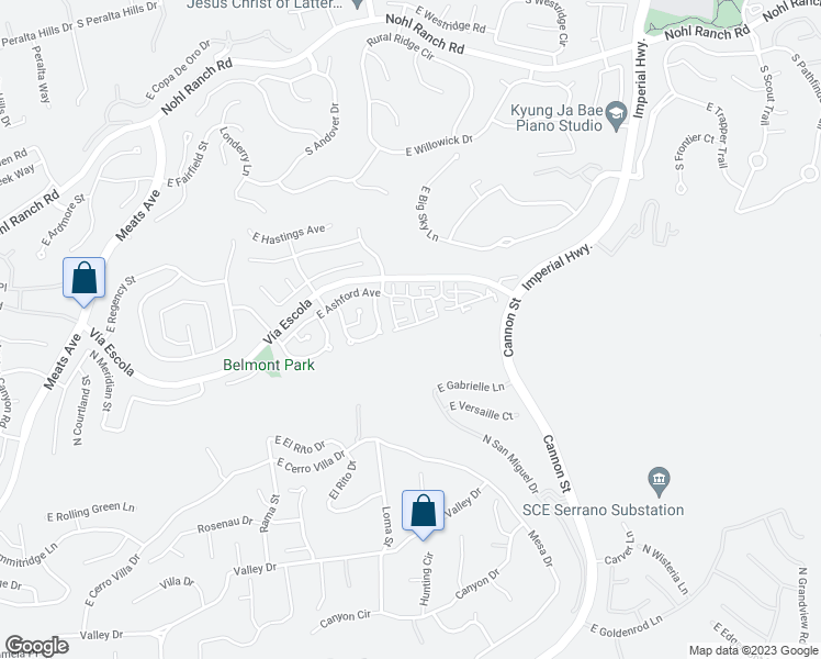 map of restaurants, bars, coffee shops, grocery stores, and more near 5040 East Hunsford Drive in Orange