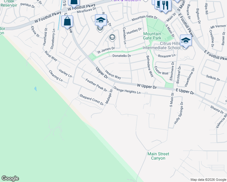 map of restaurants, bars, coffee shops, grocery stores, and more near 3733 Malaga Street in Corona