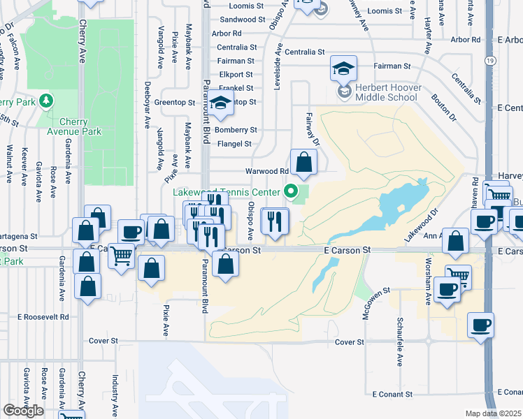 map of restaurants, bars, coffee shops, grocery stores, and more near 4149 Levelside Avenue in Lakewood