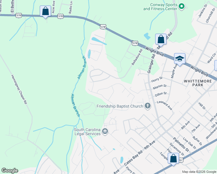 map of restaurants, bars, coffee shops, grocery stores, and more near 1801 Heirloom Drive in Conway