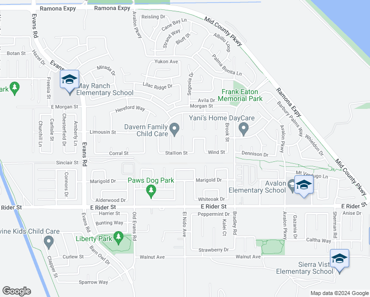 map of restaurants, bars, coffee shops, grocery stores, and more near 3425 Fieldcrest Court in Perris