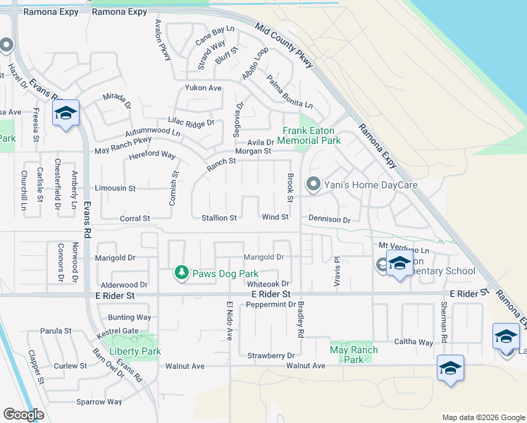 map of restaurants, bars, coffee shops, grocery stores, and more near 3425 Turnout Way in Perris
