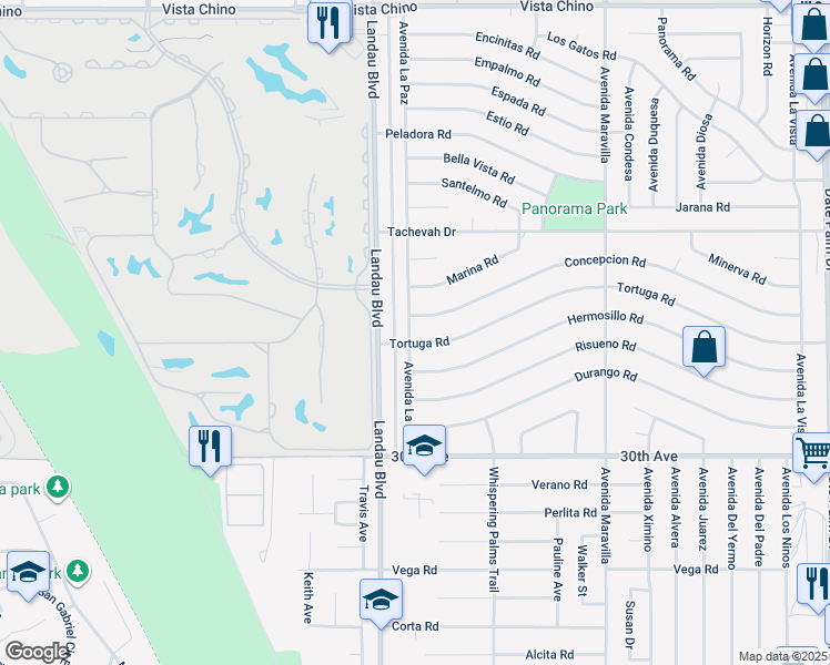 map of restaurants, bars, coffee shops, grocery stores, and more near 68070 Tortuga Road in Cathedral City