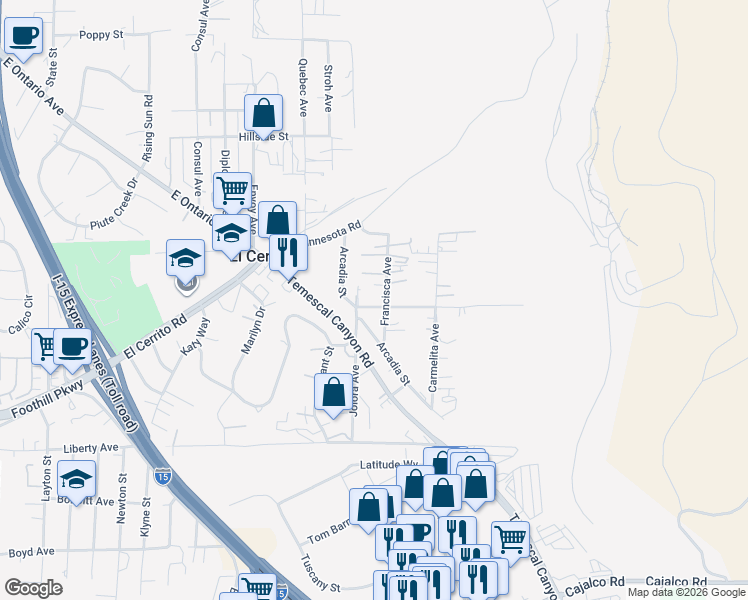 map of restaurants, bars, coffee shops, grocery stores, and more near 8060 Santa Rita Street in Corona