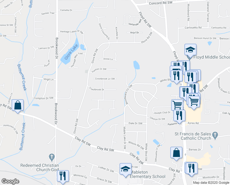 map of restaurants, bars, coffee shops, grocery stores, and more near 1177 Crestbrook Drive in Mableton