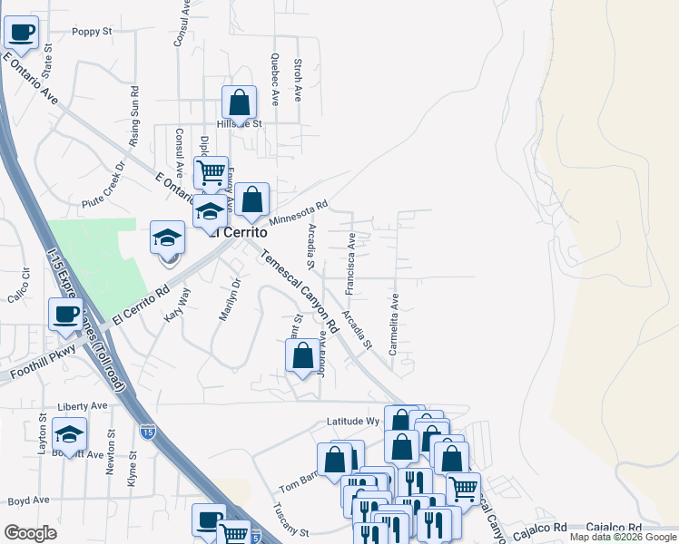map of restaurants, bars, coffee shops, grocery stores, and more near 8060 Santa Rita Street in Corona