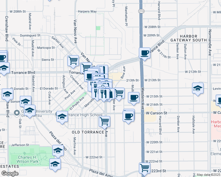 map of restaurants, bars, coffee shops, grocery stores, and more near 1401 Border Avenue in Torrance