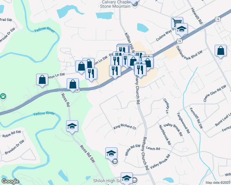 map of restaurants, bars, coffee shops, grocery stores, and more near 4137 Wellington Hills Lane in Snellville