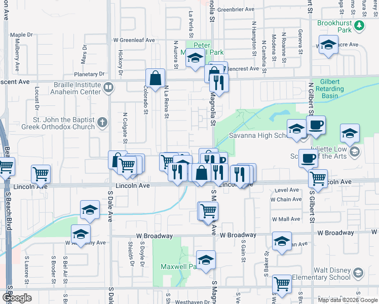 map of restaurants, bars, coffee shops, grocery stores, and more near 2644 West Yale Avenue in Anaheim