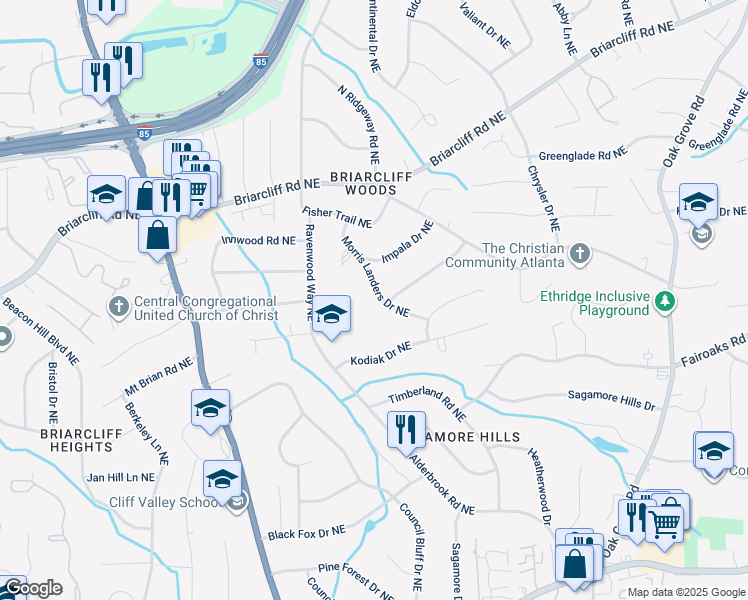 map of restaurants, bars, coffee shops, grocery stores, and more near 1768 Morris Landers Drive Northeast in Atlanta