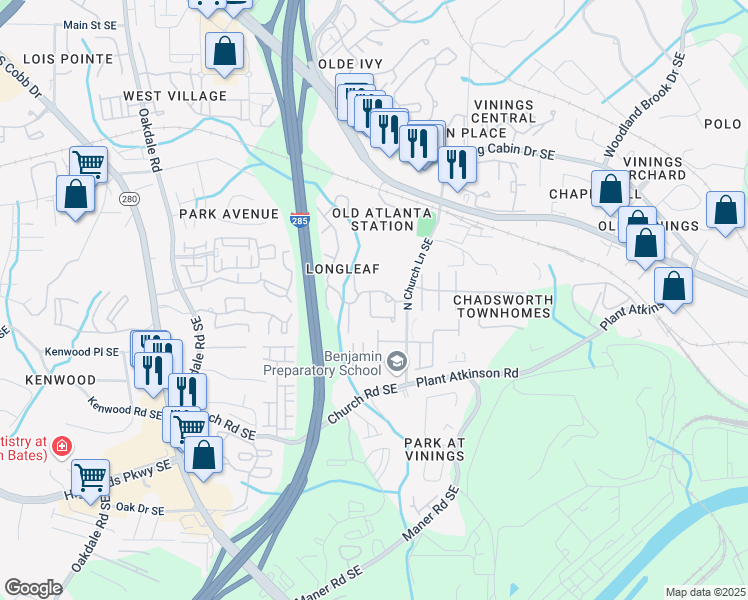 map of restaurants, bars, coffee shops, grocery stores, and more near 2505 Longcourt Circle in Atlanta