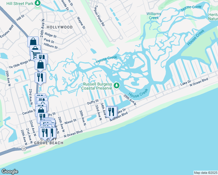 map of restaurants, bars, coffee shops, grocery stores, and more near 409 35th Avenue North in North Myrtle Beach