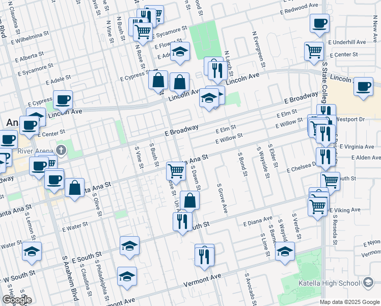 map of restaurants, bars, coffee shops, grocery stores, and more near 409 South Dawn Street in Anaheim