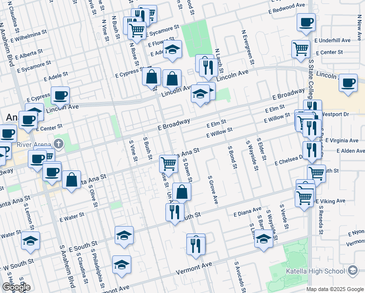 map of restaurants, bars, coffee shops, grocery stores, and more near 409 South Dawn Street in Anaheim