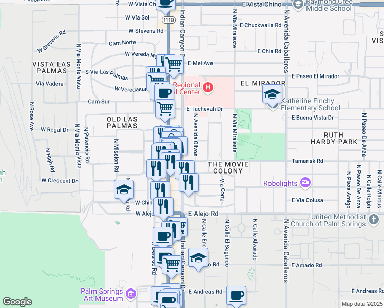 map of restaurants, bars, coffee shops, grocery stores, and more near 731 Tamarisk Road in Palm Springs