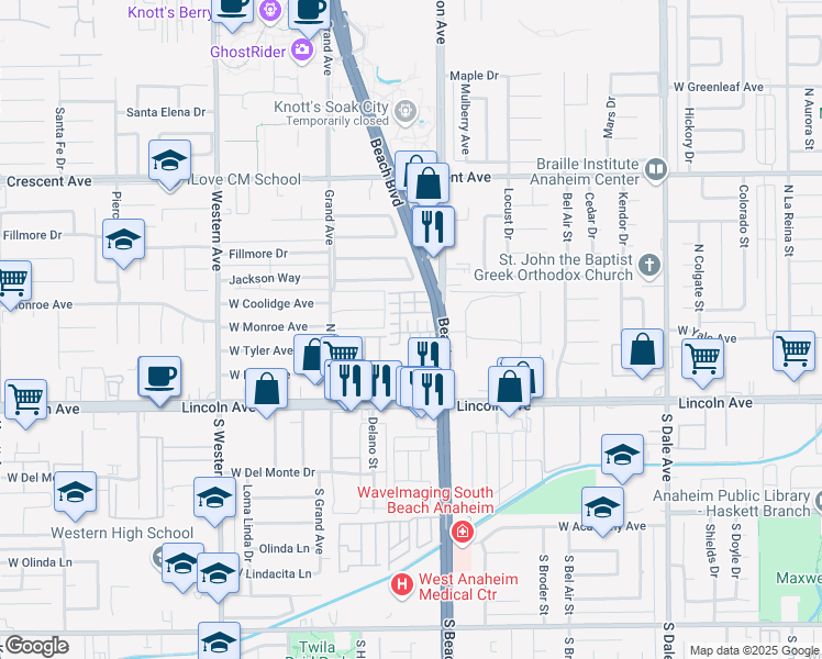 map of restaurants, bars, coffee shops, grocery stores, and more near 3120 Anacapa Way in Anaheim