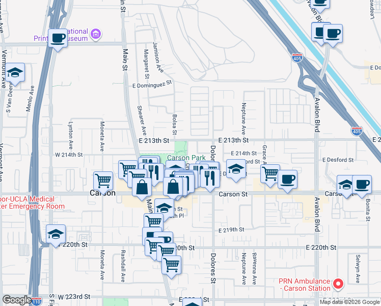 map of restaurants, bars, coffee shops, grocery stores, and more near 21328 Orrick Avenue in Carson