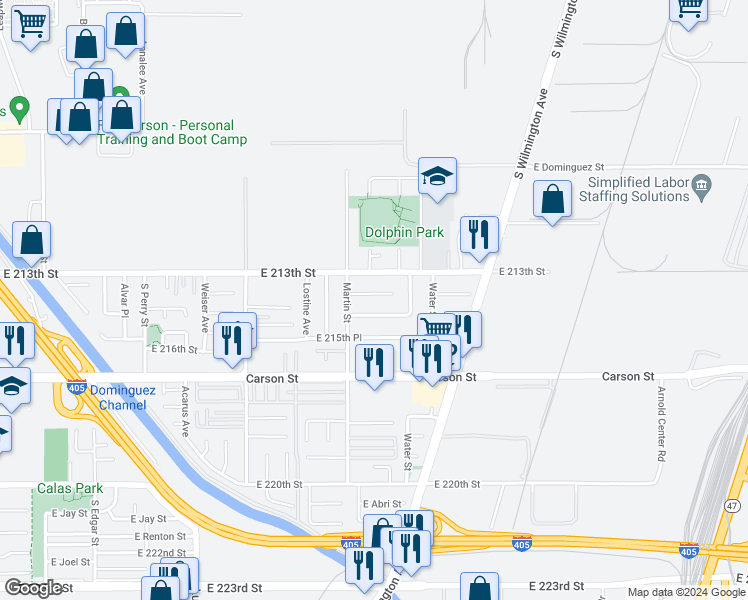 map of restaurants, bars, coffee shops, grocery stores, and more near 1632 East Albreda Street in Carson