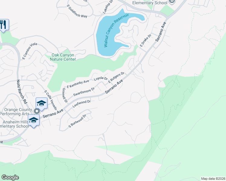 map of restaurants, bars, coffee shops, grocery stores, and more near 6889 East Georgetown Circle in Anaheim