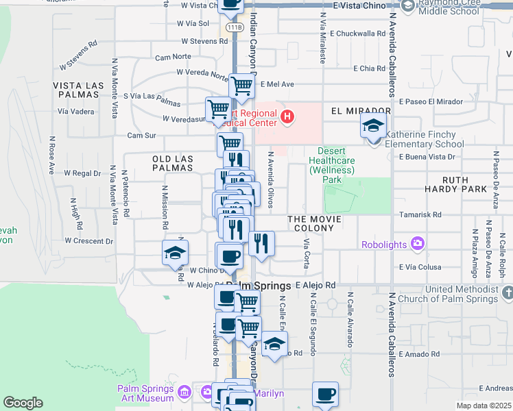 map of restaurants, bars, coffee shops, grocery stores, and more near in Palm Springs