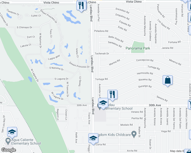 map of restaurants, bars, coffee shops, grocery stores, and more near 29430 Landau Boulevard in Cathedral City