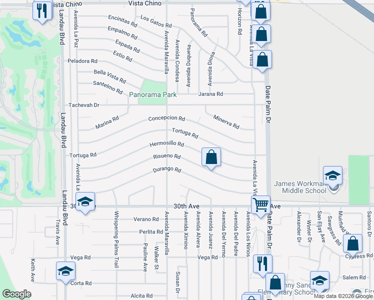map of restaurants, bars, coffee shops, grocery stores, and more near 68620 Risueno Road in Cathedral City