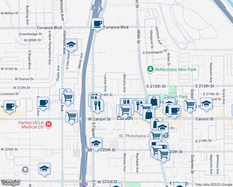 map of restaurants, bars, coffee shops, grocery stores, and more near 21337 Archibald Avenue in Carson