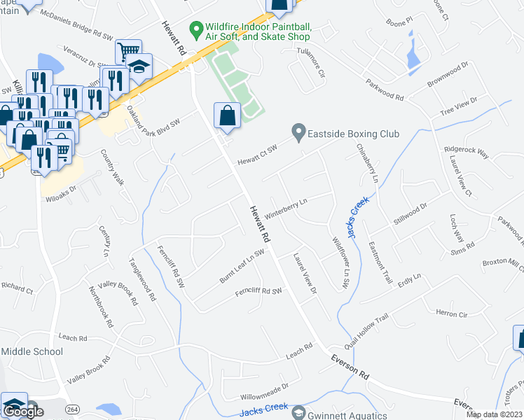 map of restaurants, bars, coffee shops, grocery stores, and more near 2472 Hewatt Road in Snellville