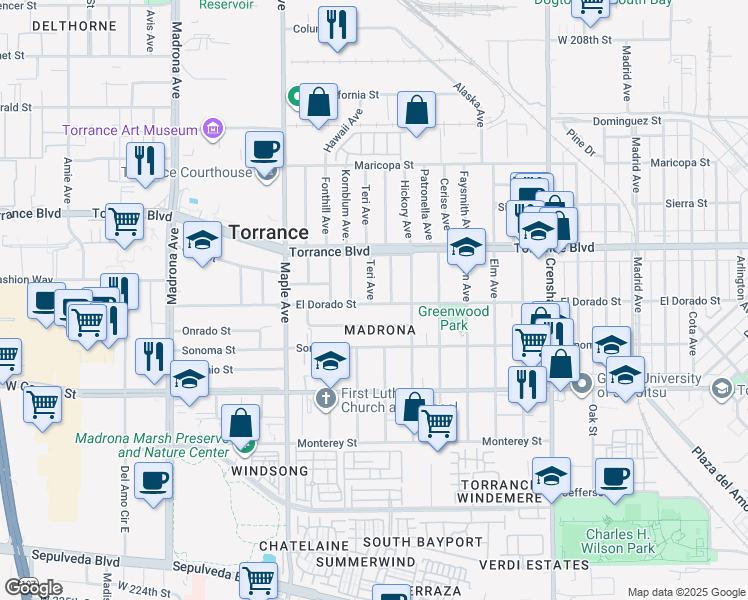 map of restaurants, bars, coffee shops, grocery stores, and more near 5500 Torrance Boulevard in Torrance