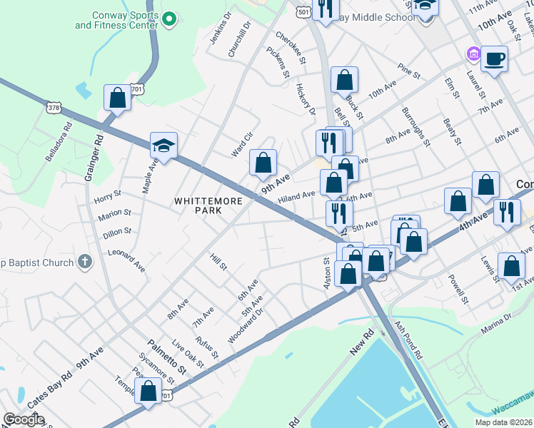 map of restaurants, bars, coffee shops, grocery stores, and more near 1837 Racepath Avenue in Conway
