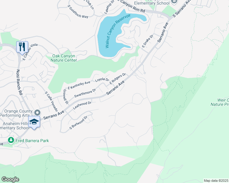 map of restaurants, bars, coffee shops, grocery stores, and more near 6889 East Georgetown Circle in Anaheim