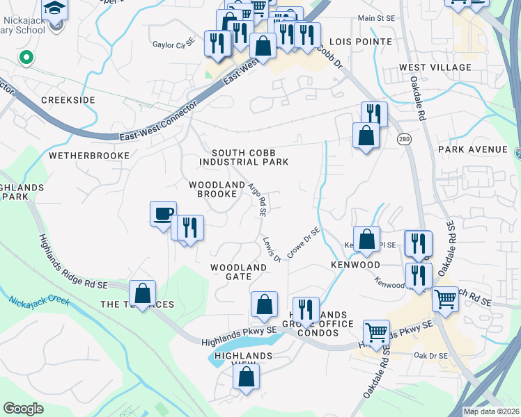 map of restaurants, bars, coffee shops, grocery stores, and more near 4913 Durley Ln SE in Smyrna