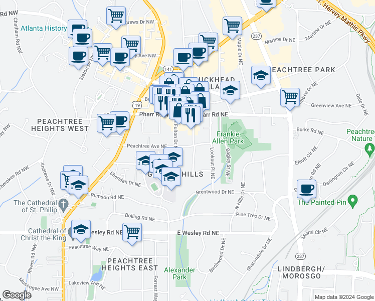 map of restaurants, bars, coffee shops, grocery stores, and more near 331 Peachtree Avenue Northeast in Atlanta
