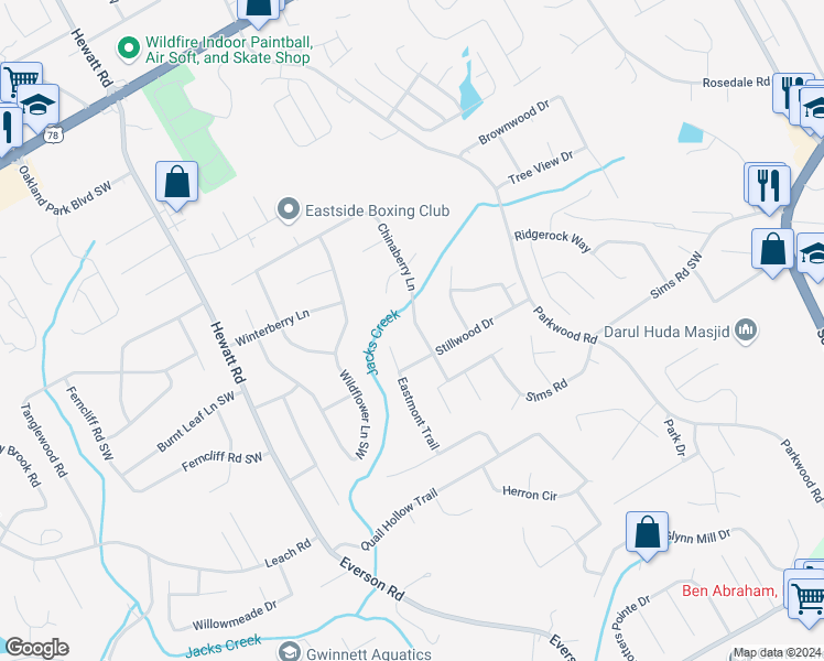 map of restaurants, bars, coffee shops, grocery stores, and more near 3308 Chinaberry Lane in Snellville