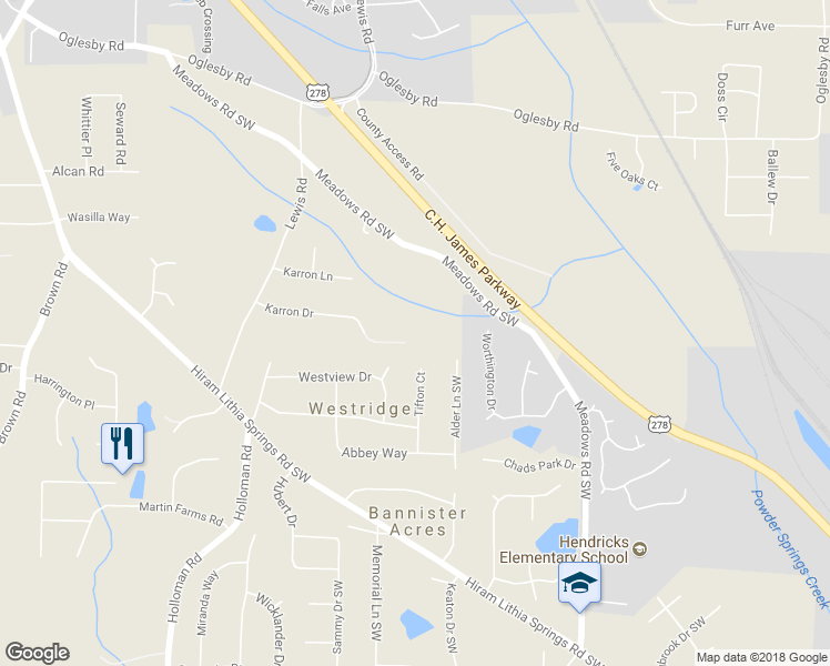map of restaurants, bars, coffee shops, grocery stores, and more near 4408 Karron Drive in Powder Springs