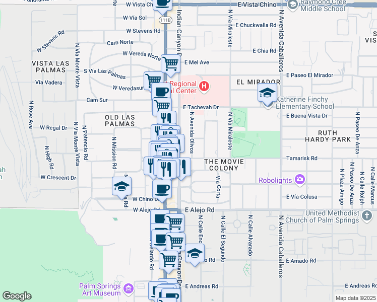 map of restaurants, bars, coffee shops, grocery stores, and more near 731 Tamarisk Road in Palm Springs