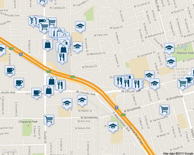 map of restaurants, bars, coffee shops, grocery stores, and more near 200 North Wilshire Avenue in Anaheim