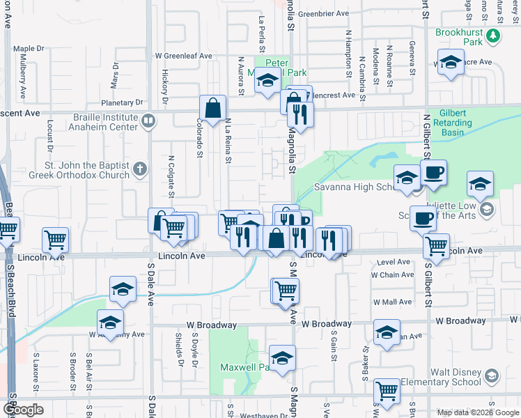 map of restaurants, bars, coffee shops, grocery stores, and more near 2644 West Yale Avenue in Anaheim