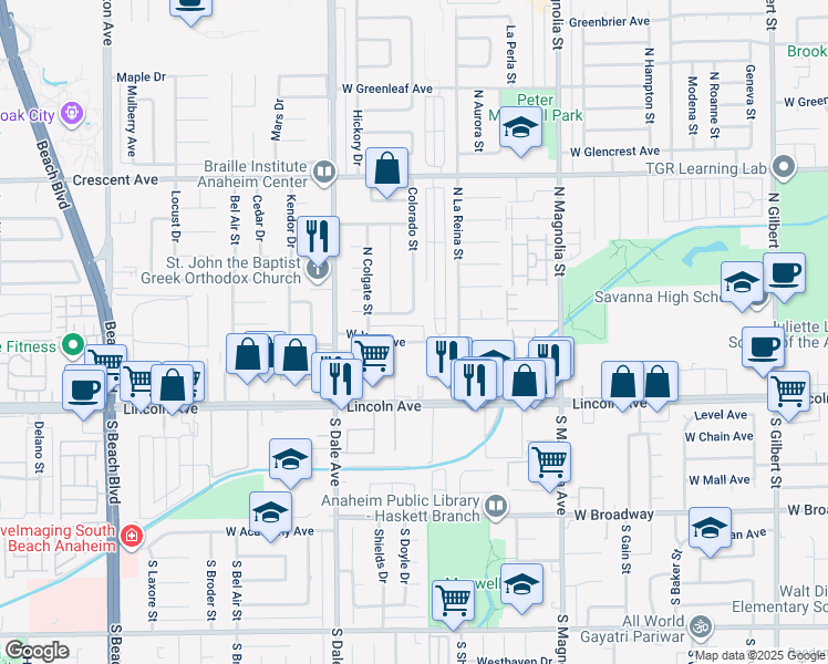 map of restaurants, bars, coffee shops, grocery stores, and more near 2706 West Yale Avenue in Anaheim