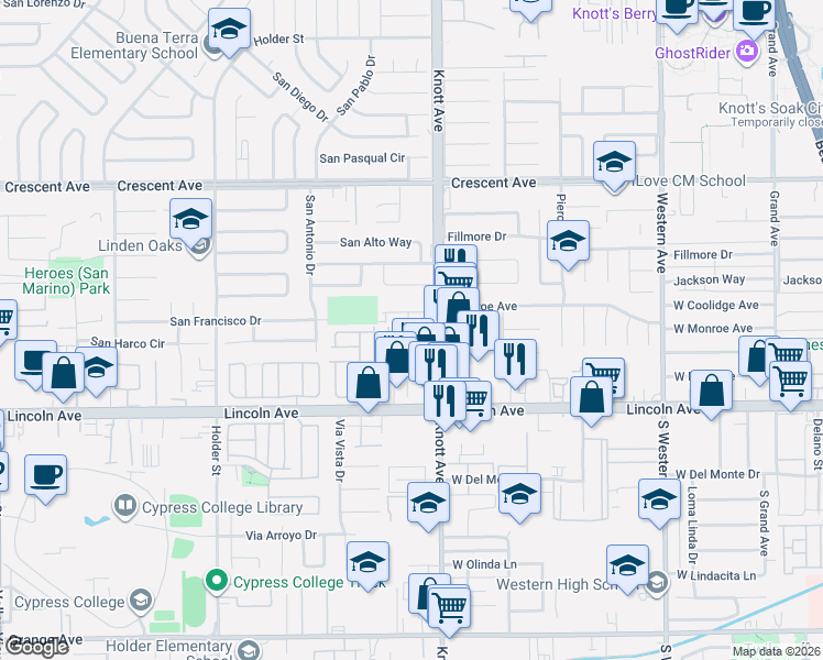 map of restaurants, bars, coffee shops, grocery stores, and more near 6900 Younger Drive in Buena Park
