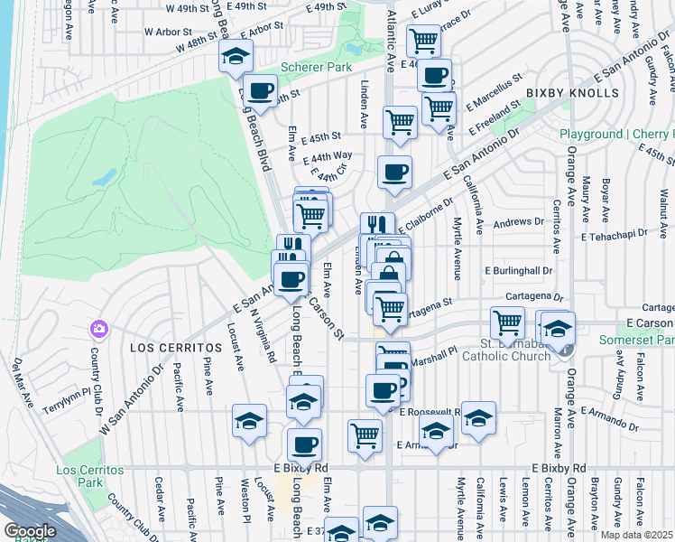 map of restaurants, bars, coffee shops, grocery stores, and more near 4151 Elm Avenue in Long Beach